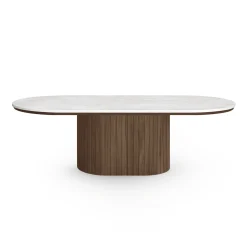 Outlet Nimara Bobby - Oval sofabord med lys beige stenbordplade og fod i røget eg 120x55x45 cm