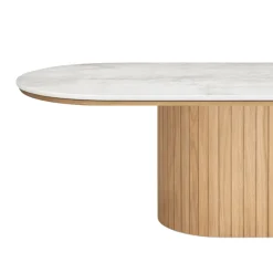 Hot Nimara Bobby - Oval sofabord med lys beige stenbordplade og fod i eg 120x55x45 cm