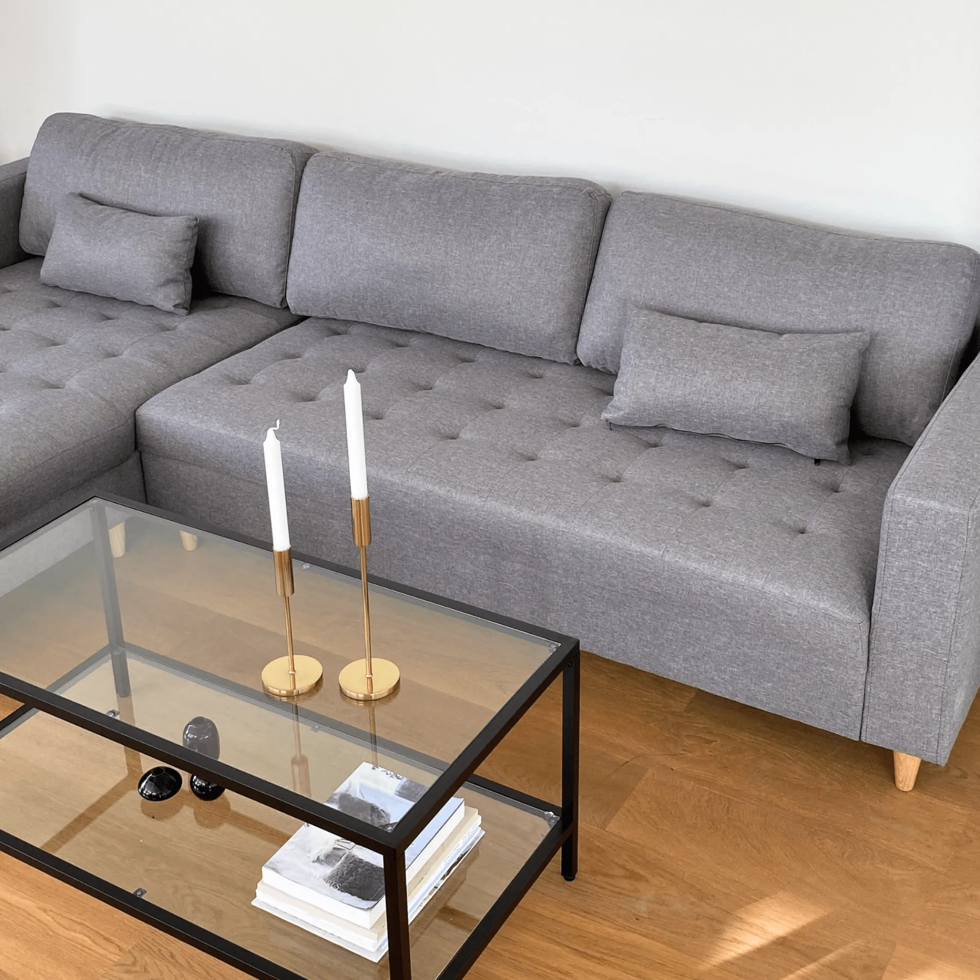 Outlet Nimara Brandy - Højrevendt og venstrevendt vendbar chaiselong sofa grå - L: 290 x D: 96 x H: 80 cm