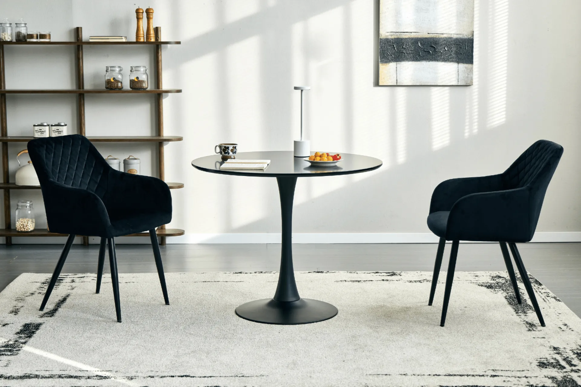 Online Nimara Carlo spisebordsstol - Sort velour med armlæn