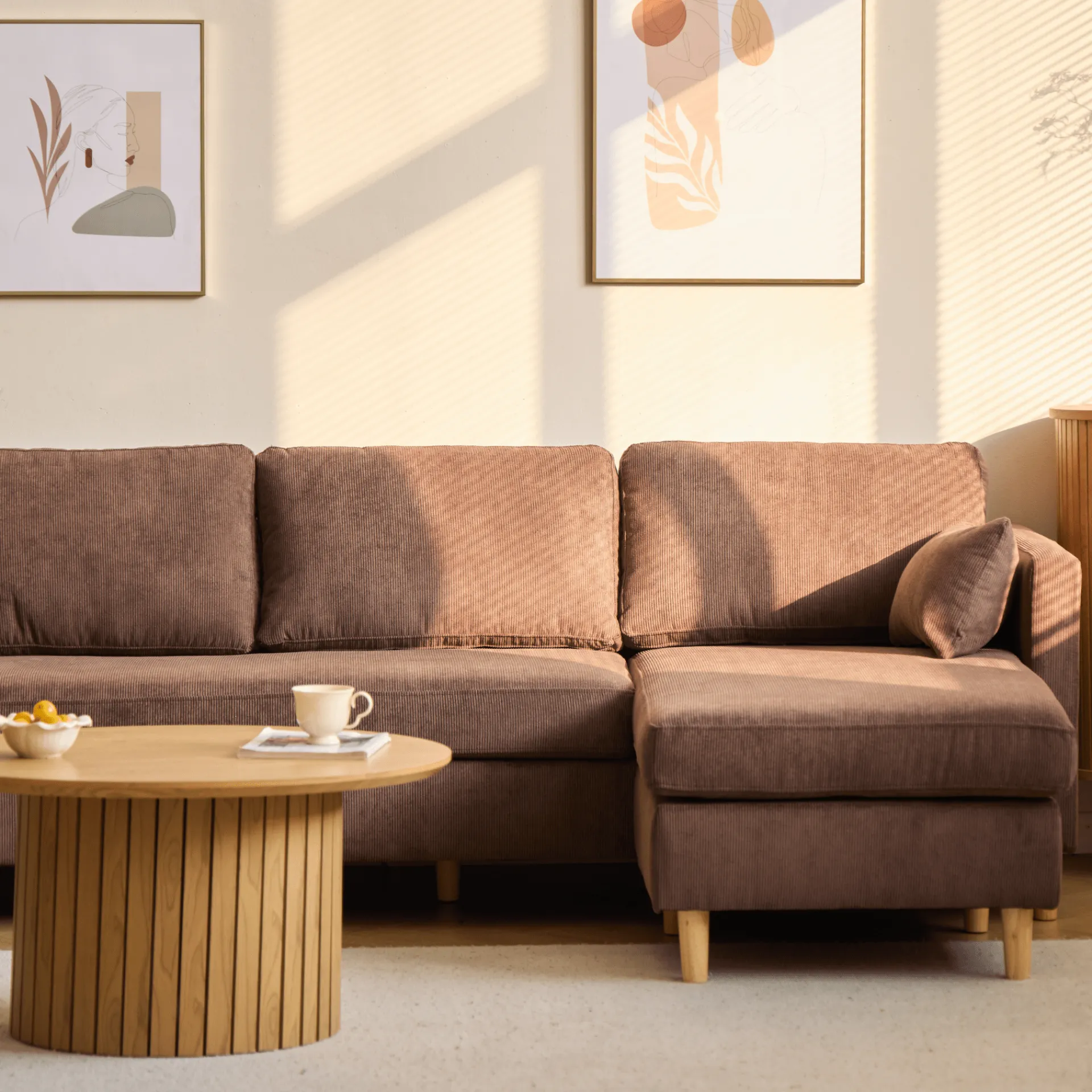 Sale Nimara Ellis - Højrevendt og venstrevendt vendbar chaiselong sofa brun fløjl - L: 215 x D: 82 x H: 78 cm