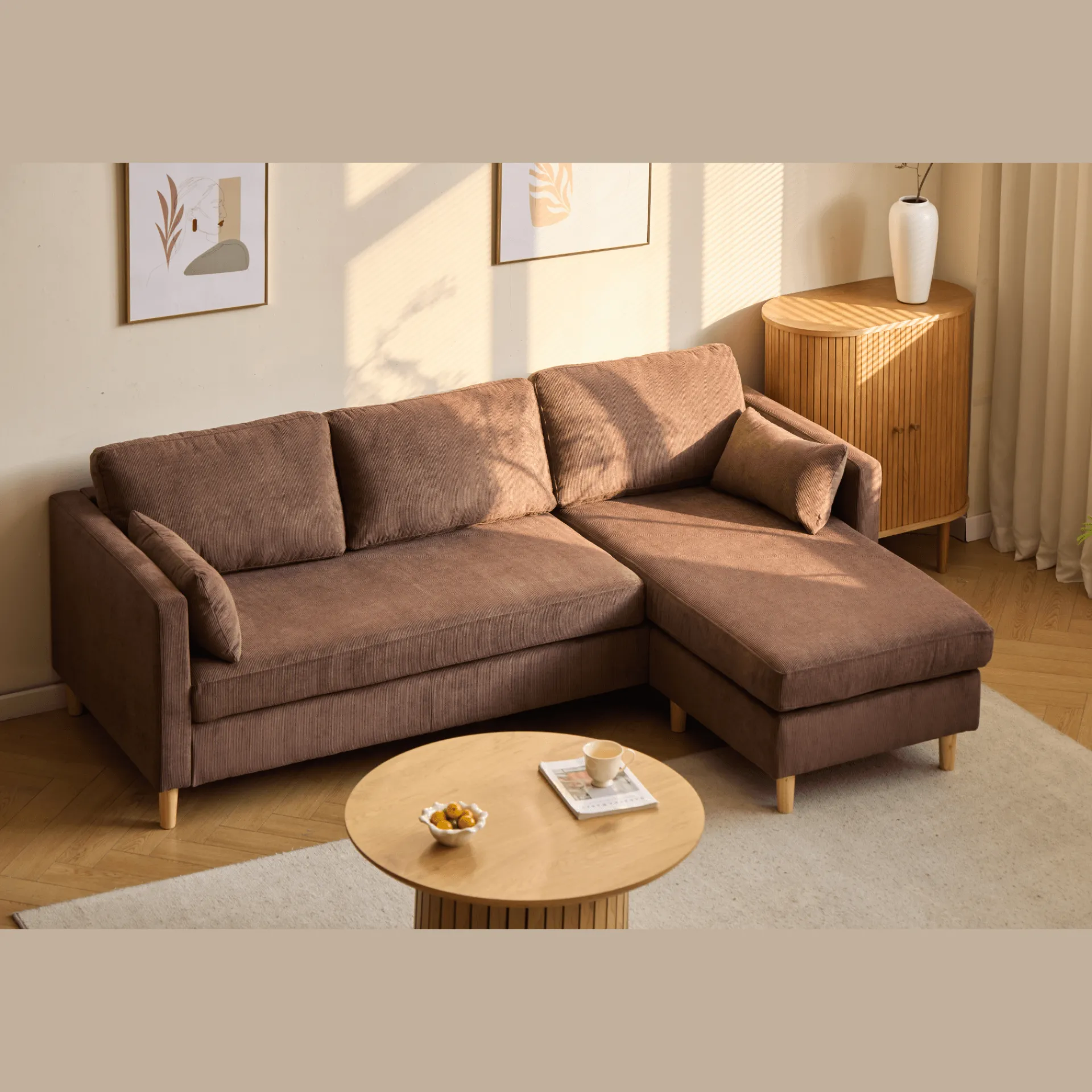 Sale Nimara Ellis - Højrevendt og venstrevendt vendbar chaiselong sofa brun fløjl - L: 215 x D: 82 x H: 78 cm