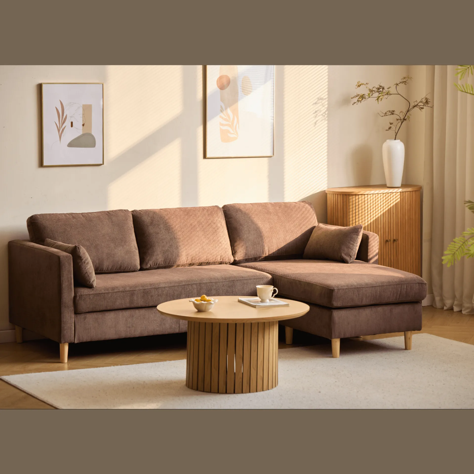 Sale Nimara Ellis - Højrevendt og venstrevendt vendbar chaiselong sofa brun fløjl - L: 215 x D: 82 x H: 78 cm