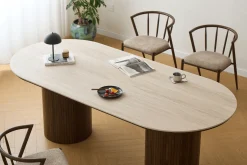 Hot Nimara Enzo ovalt spisebord med stenbordplade i beige og lamelfod i røget eg 220x100x76 cm