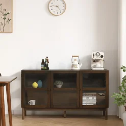 Sale Nimara Havana egetræ glas skænk/vitrineskab i røget eg med 3 låger - 80x40x140 cm