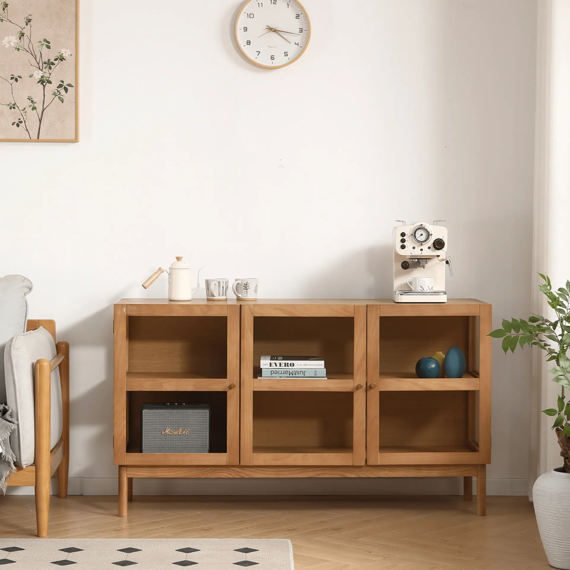 Clearance Nimara Havana egetræ glas skænk/vitrineskab med 3 låger - 80x40x140 cm