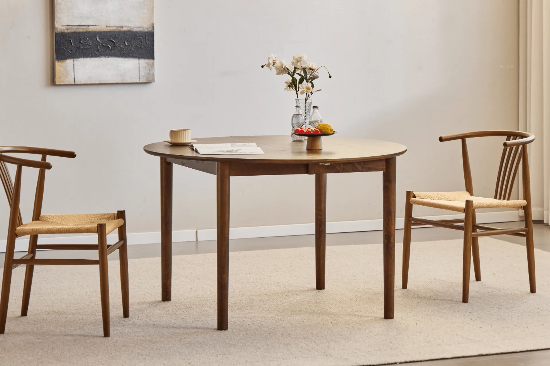 Discount Nimara Joshua - Rundt spisebord i røget egefiner med udtræk 120/160/200 cm - Inkl. 2 Tillægsplader