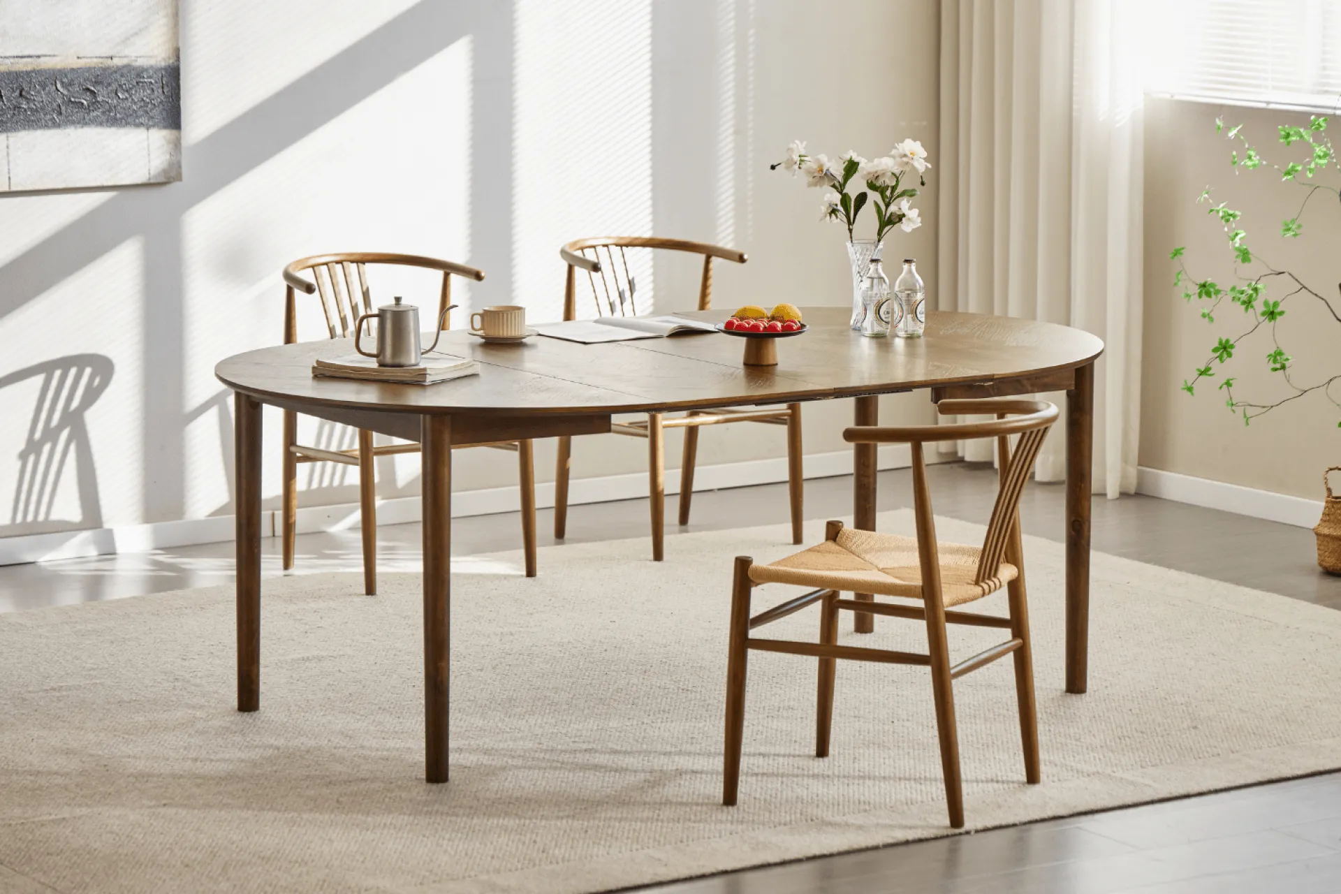 Discount Nimara Joshua - Rundt spisebord i røget egefiner med udtræk 120/160/200 cm - Inkl. 2 Tillægsplader