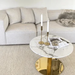 Best Nimara Lazio rundt sofabord i hvid marmor look med guld/messing ben Ø70 cm
