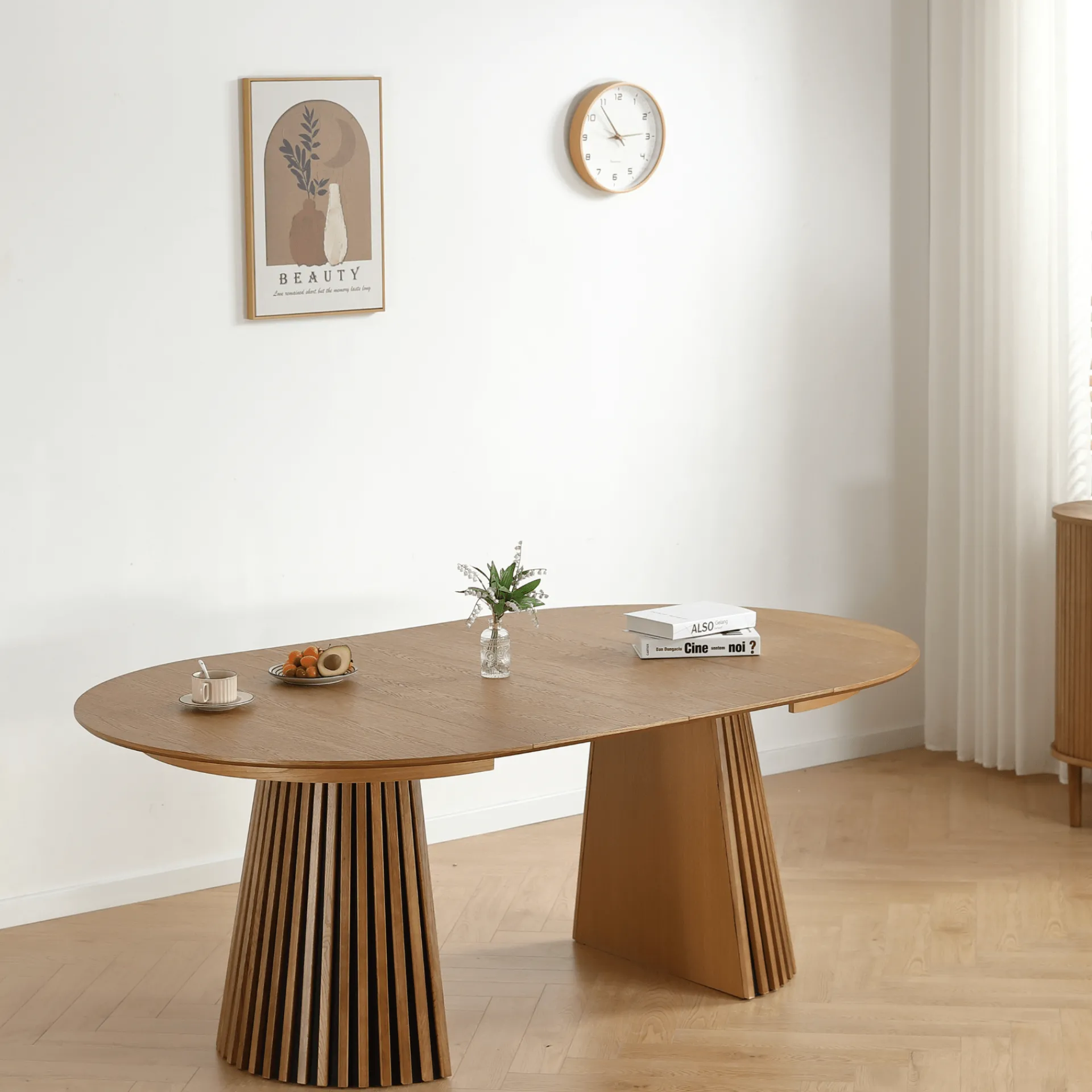 Discount Nimara Lewis - Lamel rundt Spisebord I Egefiner med udtræk 120/160/200 CM - 2x tillægsplader medfølger