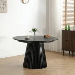 Best Nimara Lewis - Lamel rundt Spisebord I sort Egefiner med udtræk 120/160/200 CM - 2x tillægsplader medfølger