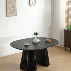 Best Nimara Lewis - Lamel rundt Spisebord I sort Egefiner med udtræk 120/160/200 CM - 2x tillægsplader medfølger