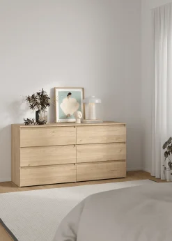 Online Nimara Maise kommode H:70 x B:138 x B:41 cm med 6 skuffer i egelook