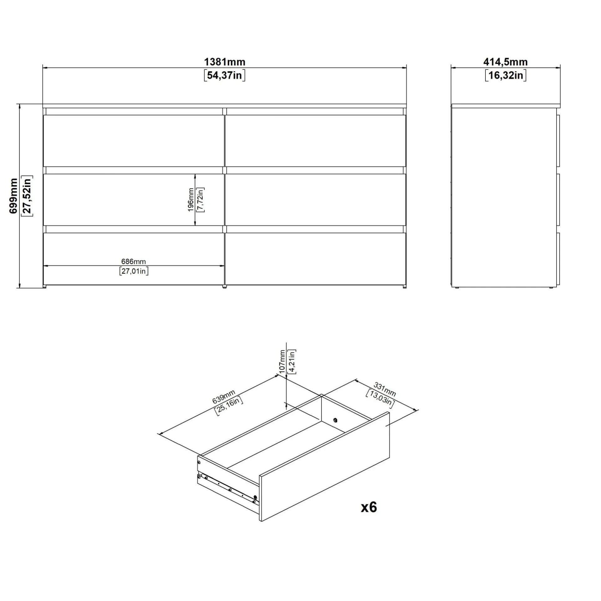Online Nimara Maise kommode H:70 x B:138 x B:41 cm med 6 skuffer i egelook