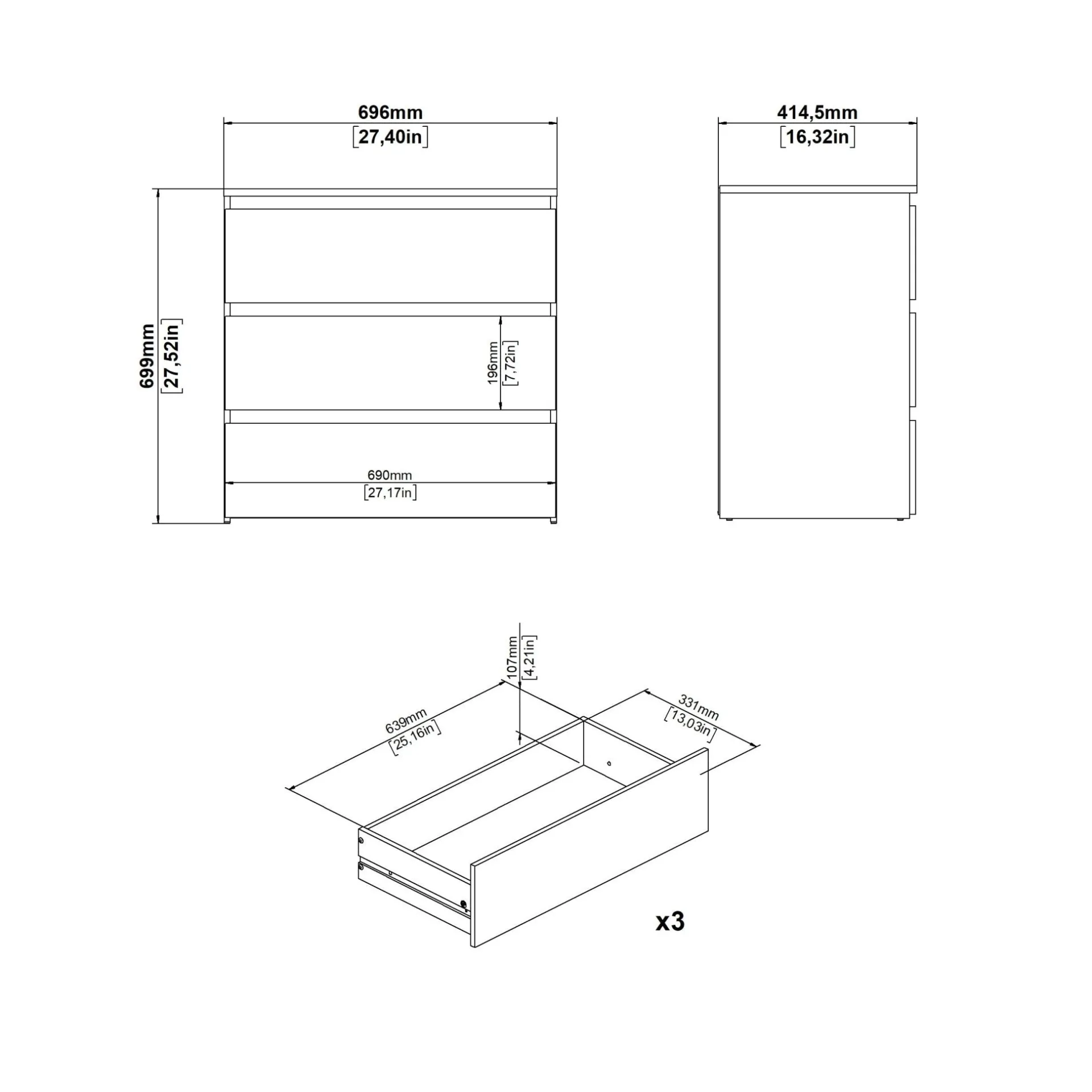 Clearance Nimara Maise kommode  H:70 x B:70 x D:41 cm med 3 skuffer i røget egelook