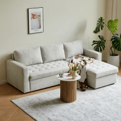 Discount Nimara Sinus beige sovesofa med vendbar chaiselong og opbevaring