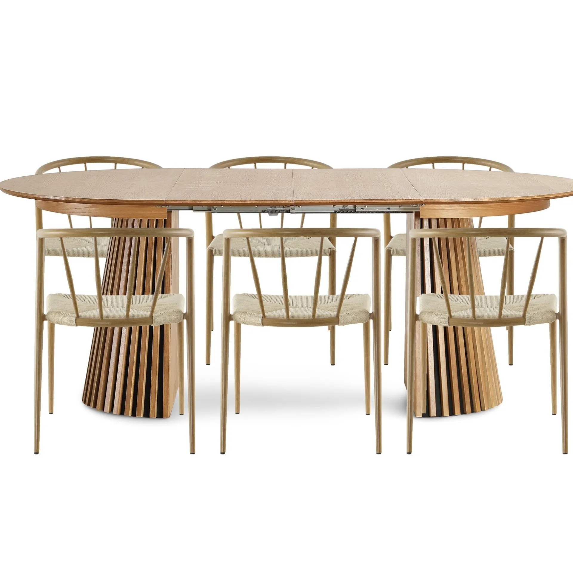 Clearance Nimara Spisebordssæt - Lewis lamel spisebord Ø120 cm med udtræk i egefiner + 6 x Bella spisebordsstole i egelook