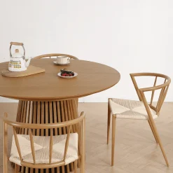 Clearance Nimara Spisebordssæt - Lewis lamel spisebord Ø120 cm med udtræk i egefiner + 6 x Bella spisebordsstole i egelook