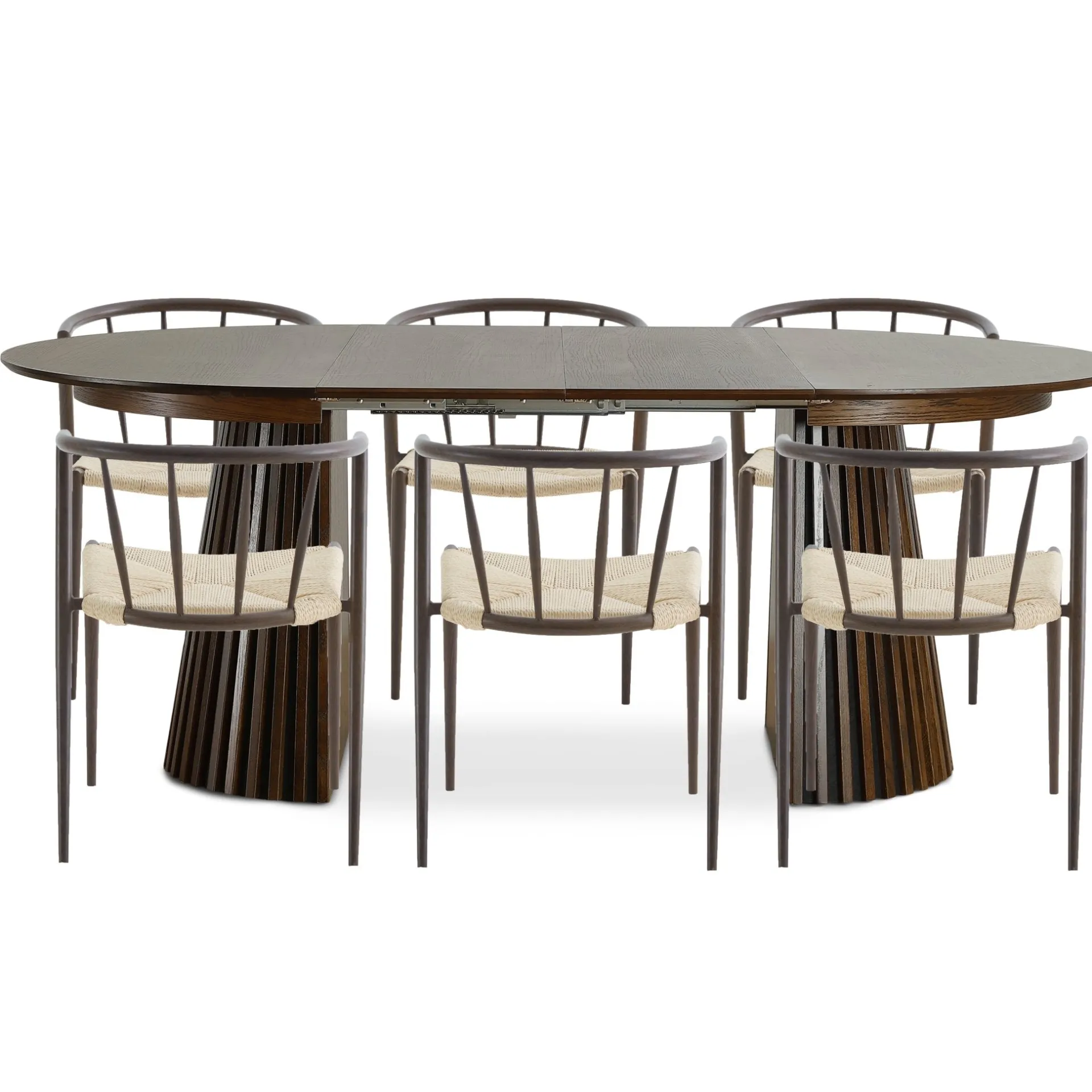 New Nimara Spisebordssæt - Lewis lamel spisebord Ø120 cm med udtræk i røget egefiner + 6 x Bella spisebordsstole i røget eg