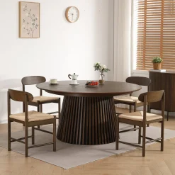 Hot Nimara Spisebordssæt - Lewis lamel spisebord Ø120 cm med udtræk i røget egefiner + 6 x Madison spisebordsstole i røget eg med fletsæde