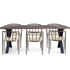 Hot Nimara Spisebordssæt - Susan plankebord i røget eg 200 cm + 6 x Bella spisebordsstol i røget egelook med fletsæde