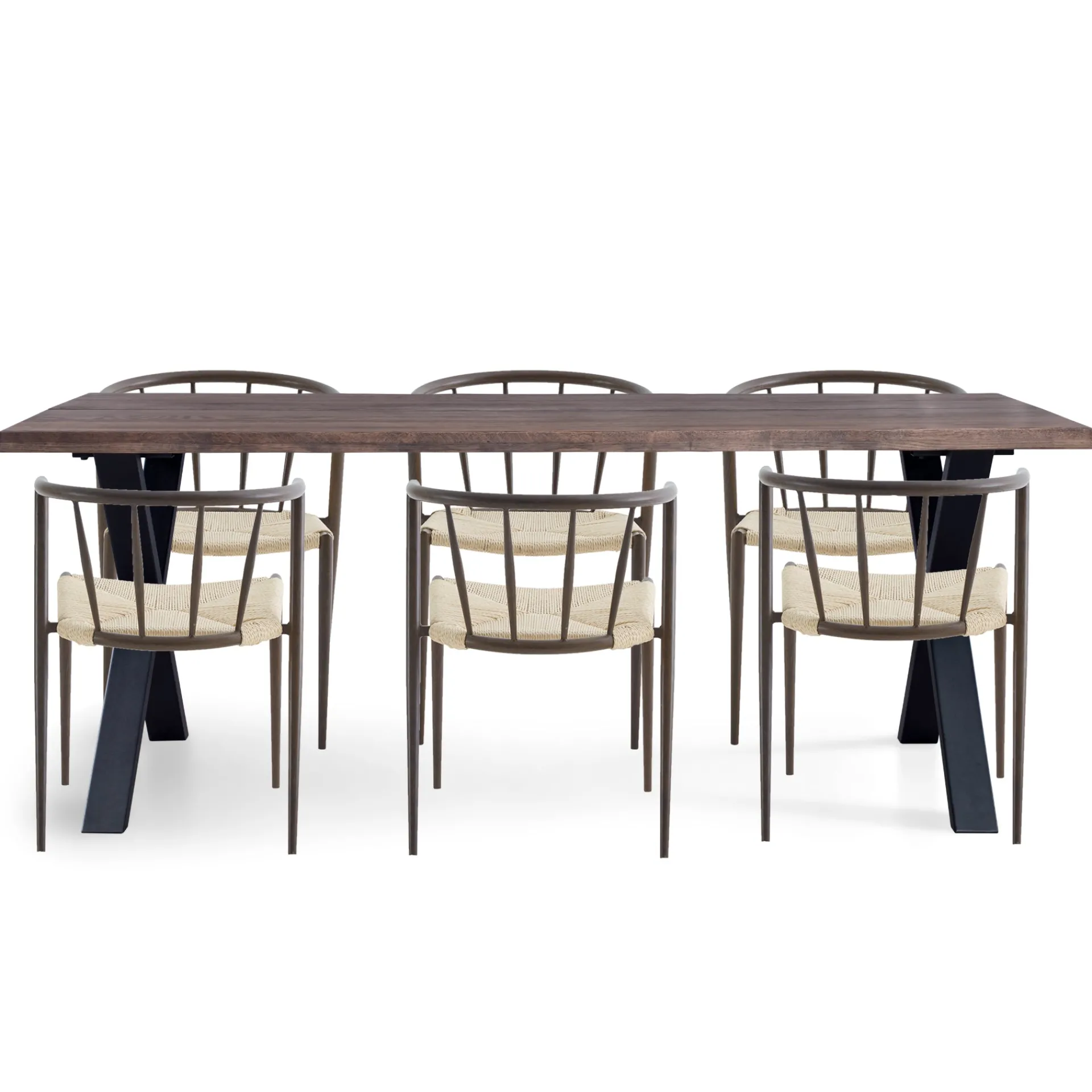 Hot Nimara Spisebordssæt - Susan plankebord i røget eg 200 cm + 6 x Bella spisebordsstol i røget egelook med fletsæde