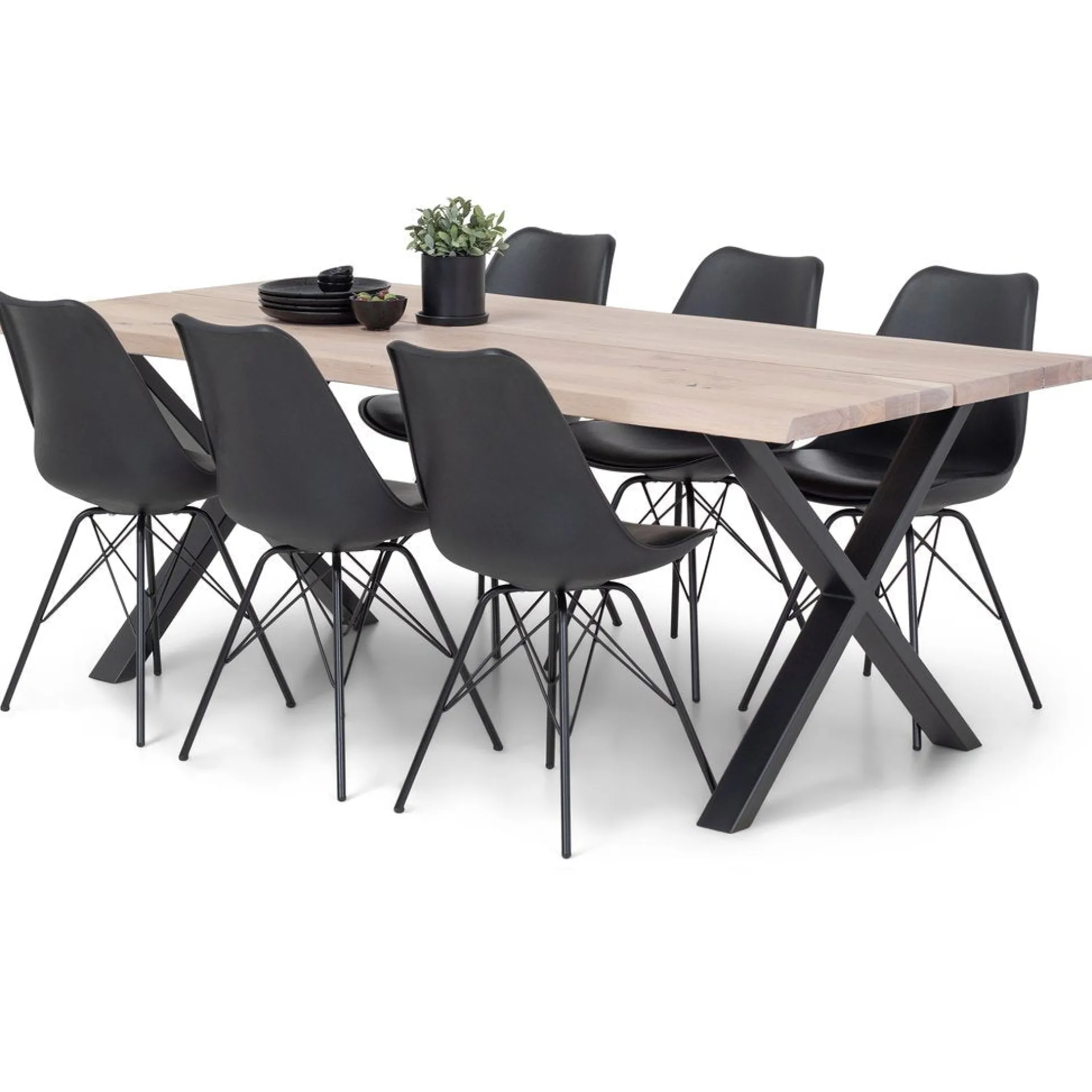 Hot Nimara Susan plankebord - 200x95 cm - i hvidolieret eg med krydsben - (Forberedt til tillægsplader)